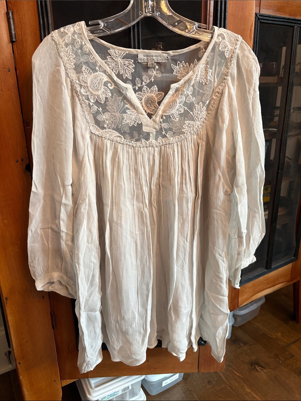 Cost Plus World Market Cream Embroidered Lace Yoke Peasant Tunic